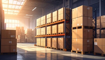 Bright and Spacious Warehouse with Stacked Cardboard Boxes