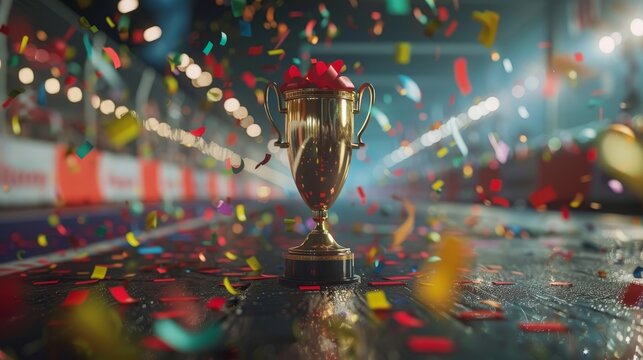 Glorious gold trophy on race track with colorful confetti celebrating a victorious achievement