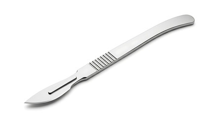 Fototapeta premium Close up of a stainless steel surgical scalpel with a sharp blade on a white background ai generated