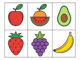 Colorful Cartoon Fruit Collection Featuring Apple, Orange Watermelon, Avocado, Strawberry, Grapes, and Banana in a Neat Presentation