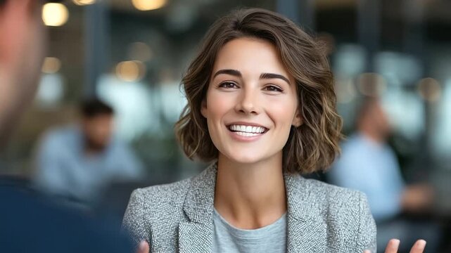 job interview, confident woman, female applicant, HR managers, human resources, bright expression, modern workplace, glass walls