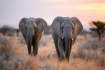 Wild elephants walking peacefully in African savannah at sunset
