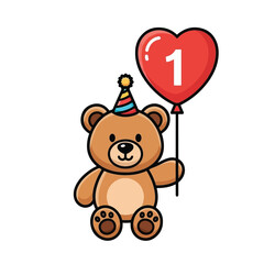 Cute cartoon teddy bear celebrating its first birthday with a heart-shaped balloon.