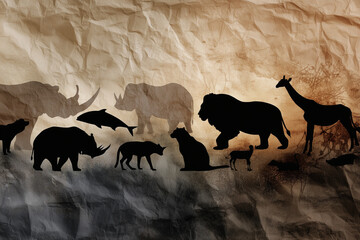Collage-style composition of silhouettes of endangered animals against a textured earth background