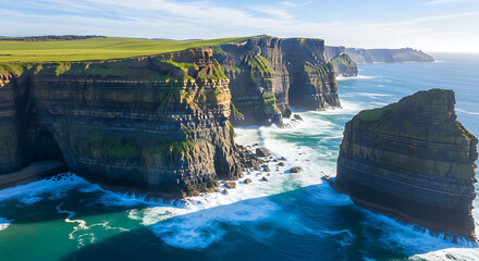 Aerial view of the cliffs of moher with crashing waves and green grass on a sunny day in ireland ai generated