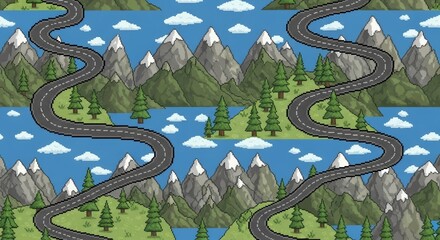 Obraz premium Pixel Art Winding Mountain Road Texture Seamless Pattern for Gaming Assets Video Games