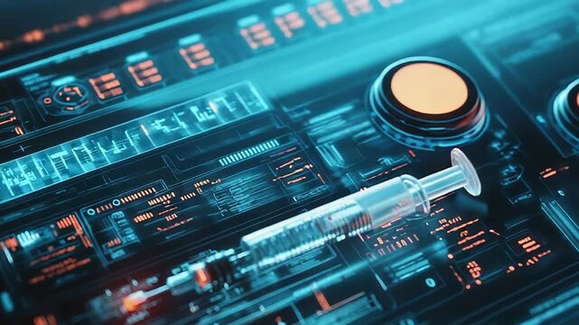 Syringe analyzing medical data on futuristic digital interface