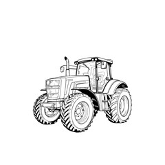 Detailed black and white line drawing of a tractor on a white background.