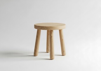 Minimalistic three legged wooden stool isolated on a neutral backdrop