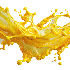 Vibrant yellow liquid splash against black background.  A dynamic burst of yellow liquid, with various sized droplets and a flowing, wave-like pattern, against a solid black backdrop. 