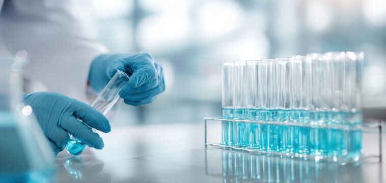 The scientist carefully handles a test tube in a modern laboratory setting.