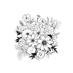 Detailed black and white line art illustration of a lush floral bouquet with various blossoms and leaves, perfect for coloring or graphic design.