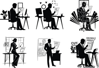 Stylized silhouette illustrations of people working or presenting in abstract, business, surreal, and creative desk environments with unique backgrounds