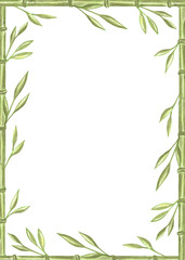 Bamboo stems with leaves watercolor postcard template. Frame with copy space with floral branches. Hand drawn isolated illustration border from greenery foliage. Rainforest plant for zen, wellness.