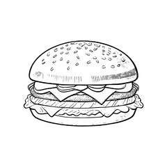 Detailed line art of a burger with sesame seeds on the bun.