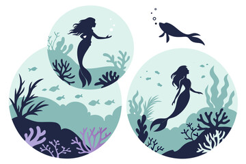 Underwater World Mermaid Silhouette Vector Pack