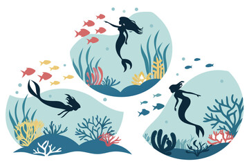 Underwater World Mermaid Silhouette Vector Pack