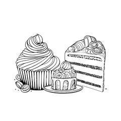 Hand-drawn illustration of a cupcake and a slice of cake.