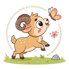 Adorable Chibi Baby Urial Lamb With Big Sparkly Eyes Playfully Chasing A Cute Colorful Sprinkle Butterfly, Whimsical Pastel Cartoon Style, Cute Kawaii Fantasy Mountain Animal
