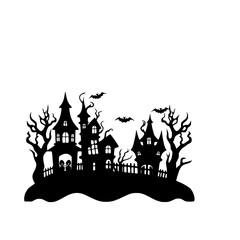 Silhouette of a haunted house with bats flying overhead.