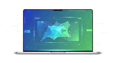 Futuristic technological concept showing a portable computer with an abstract network visualization for big data analytics
