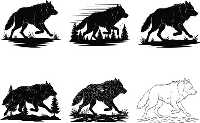 Wolf illustration set, dynamic poses in nature, black and white animal art, forest scene vector for anatomy and design reference