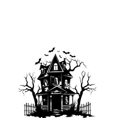 Spooky haunted house silhouette with bare trees and flying bats, perfect for Halloween night illustrations.