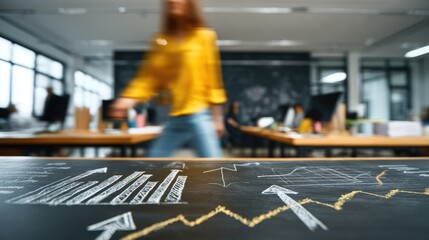 Obraz premium Chalkboard graphs highlight blurred woman walking in a bright office. Arrows upward, representing business growth