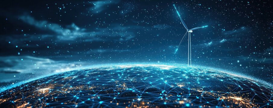 Earth viewed with glowing networks and renewable energy wind turbines