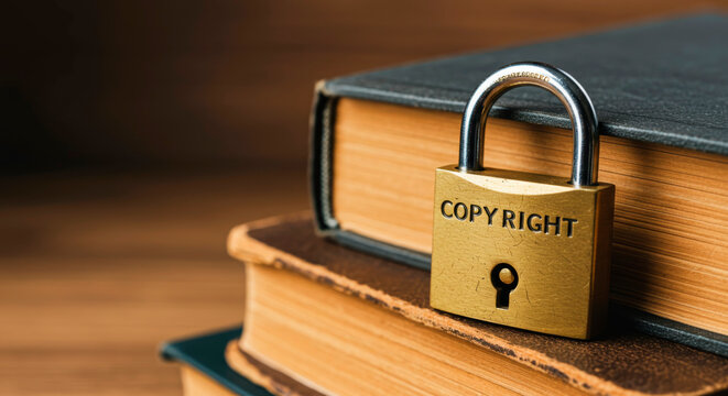 A gold padlock with the word copyright on a stack of books. Intellectual property protection.