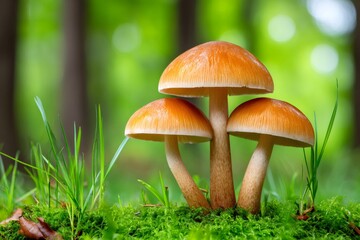 Fototapeta premium Mushrooms growing in green moss in forest