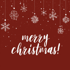 a red background with white snowflakes and hanging ornaments, featuring the word merry christmas