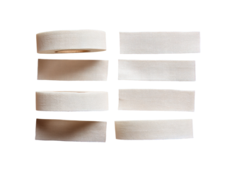 Rolled white adhesive tape, arranged in a grid pattern, with blank labels