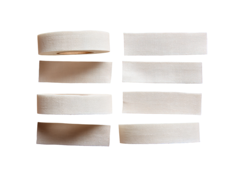 Rolled white adhesive tape, arranged in a grid pattern, with blank labels