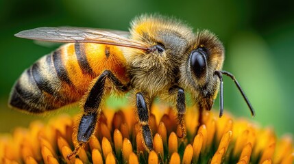 Close-up of a honeybee on an orange coneflower with visible wings and segmented abdomen
