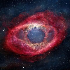Cosmic nebula resembles a glowing eye, with radiant red and blue hues, surrounded by twinkling stars