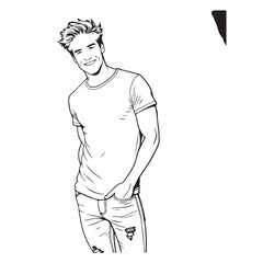 Fototapeta premium Handsome Man Black and White Illustration Vector Image Male Portrait Fashion Sketch Line Art Design