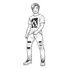 Handsome Man Black and White Illustration Vector Image Male Portrait Fashion Sketch Line Art Design	