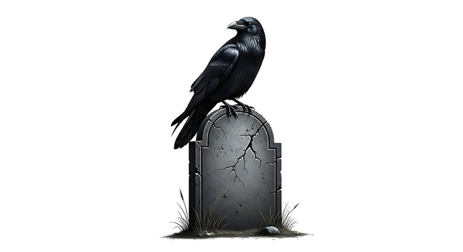 A black raven perched atop a cracked gray gravestone against a stark white background illustration ai generated