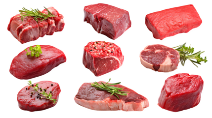 raw beef meat variety collection isolated on white