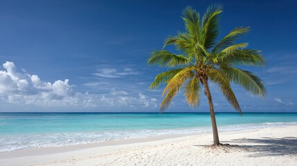 The vibrant palm tree standing against a beautiful blue ocean backdrop.