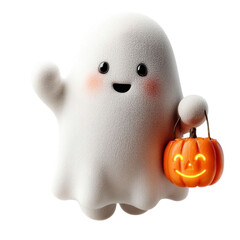 Friendly Halloween Ghost with Pumpkin Candy Bag on Black.