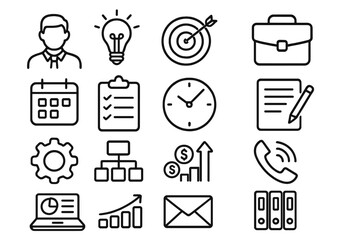 Business and productivity line icon set for workflow, management, and organization. Vector icons for strategy, finance, planning, time management, and corporate concepts.