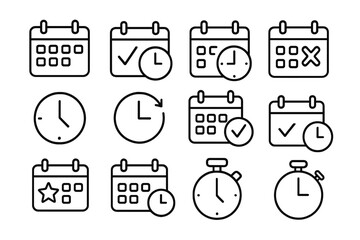 Calendar and clock linear icon set. Schedule, time management, and planning outline icons. Vector symbols for appointment, deadline, event, and reminder. Thin line pictogram collection.