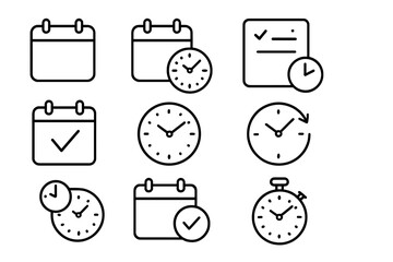 Calendar and clock linear icon set. Time management, schedule, and planning symbols. Outline collection for agenda, appointment, deadline, and event. Vector pictogram for UI.