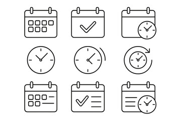 Calendar and clock linear icon set. Schedule and time management concepts. Vector outline symbols for agenda, date, deadline, appointment, and planning. Minimalist pictogram.