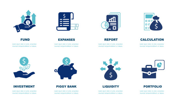 Business infographics icons. Legal services, SEO, sign. Set of investment icons. Economy, money fund, dollar, investor, assets, risk management, financial profit, blue design. Vector illustration