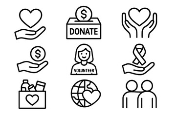 Charity and donation line icon set. Giving, support, volunteer concepts. Vector collection for fundraising, non-profit, and humanitarian aid. Awareness and community care symbols.