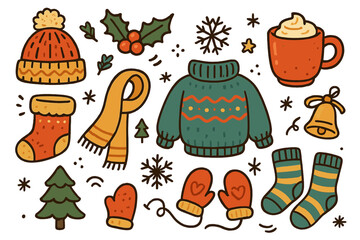 Vector set of cute winter doodles. Festive Christmas holiday icons with cozy apparel like a sweater, hat, scarf, and mittens. Hygge concept with hot chocolate and holly.