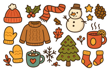 Cozy winter doodle collection. A set of cute autumn and winter cartoon elements. Vector icons: sweater, hat, scarf, mittens, snowman, Christmas tree, hot chocolate, holly.